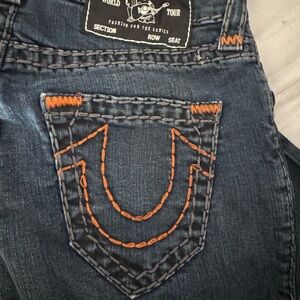 True Religion Dark Wash Jeans with Orange Stitching